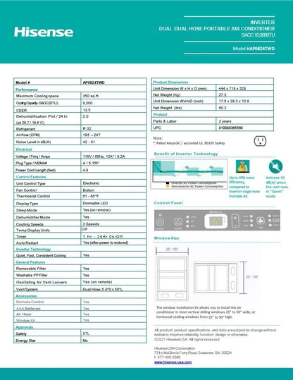 Hisense 8,000 BTU Portable Air Conditioner with Dual Hose & Inverter, 350 Sq Ft, Wi-Fi, ConnectLife App for Google and Alexa