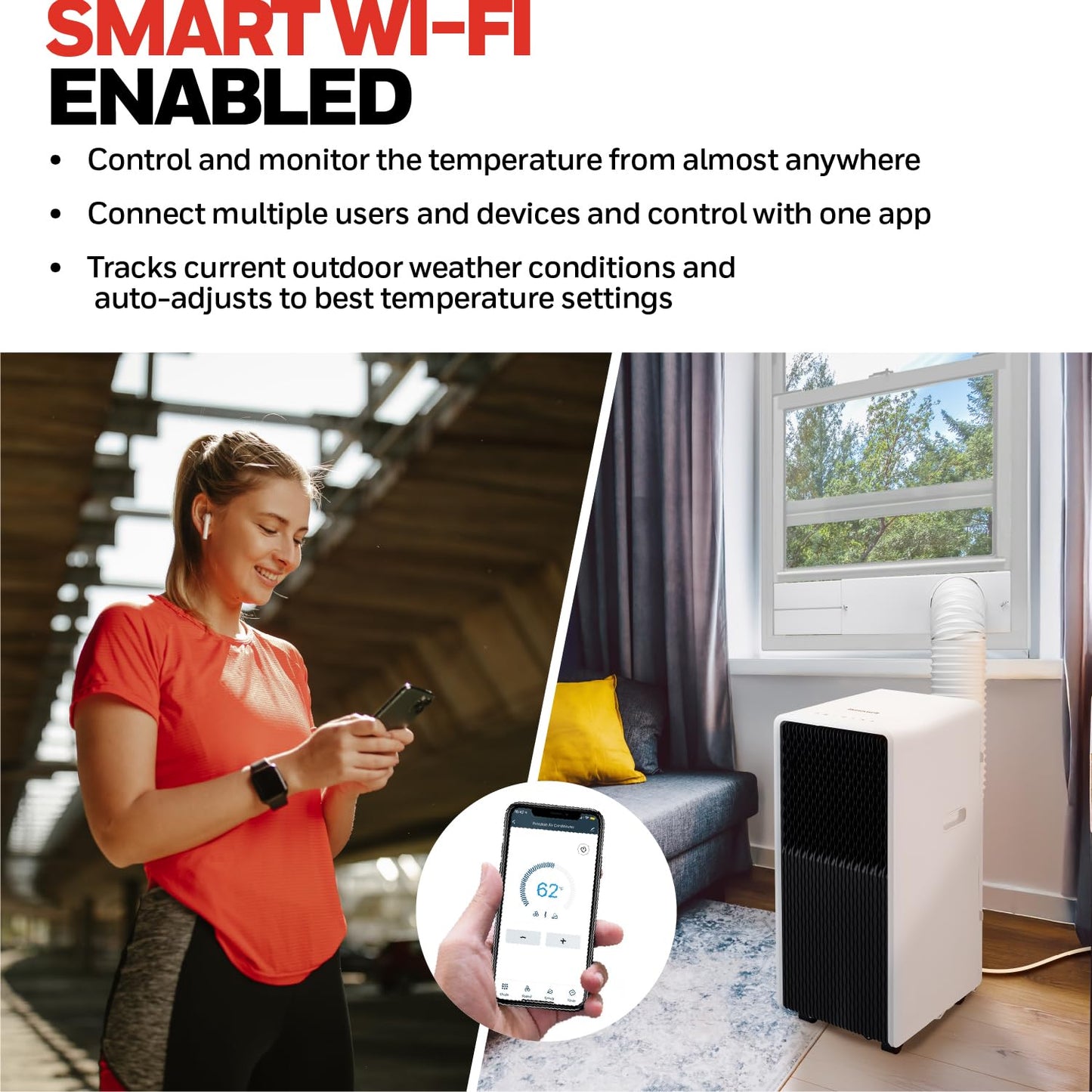 Honeywell 13,500 BTU Slim & Smart WiFi Portable AC with Fan, Dehumidifier, Alexa/Google Home Voice Control